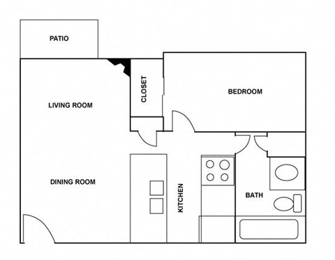 A floor plan of a home with a living room, dining room, kitchen, bedroom, bath, and patio.